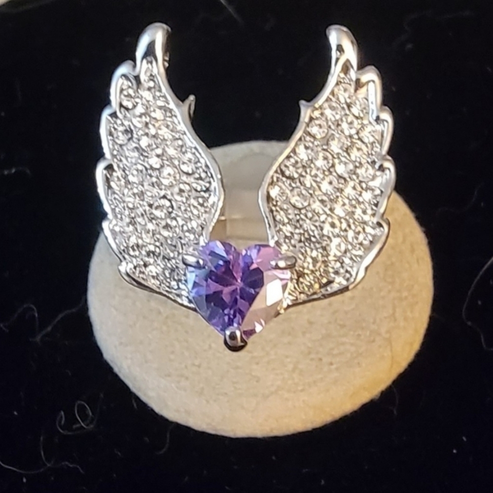 925 Sterling Silver Pave Diamond Angel Wings with Amethyst Heart 💎💍 Ring